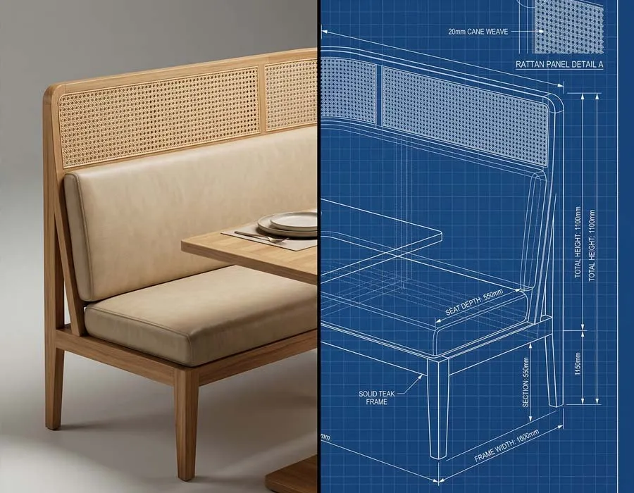 Curated display featuring cross-section and CAD blueprint