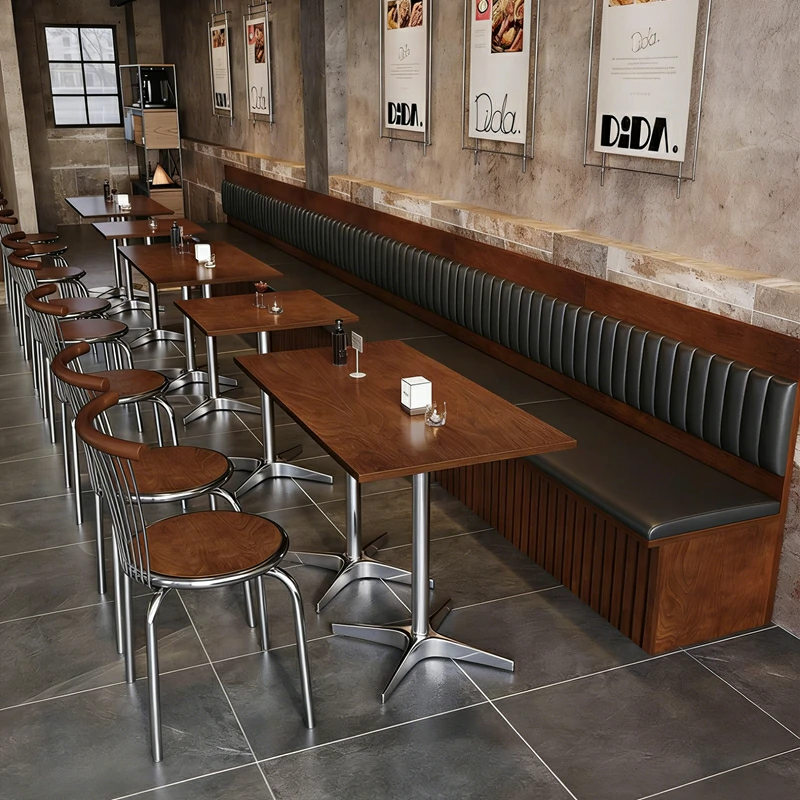 Black Fluted Leather Wall Booth Wood Tables Industrial Chairs