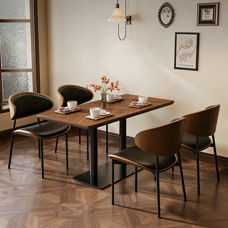 Elegant Dark Wood Dining Table Upholstered Curved Chairs