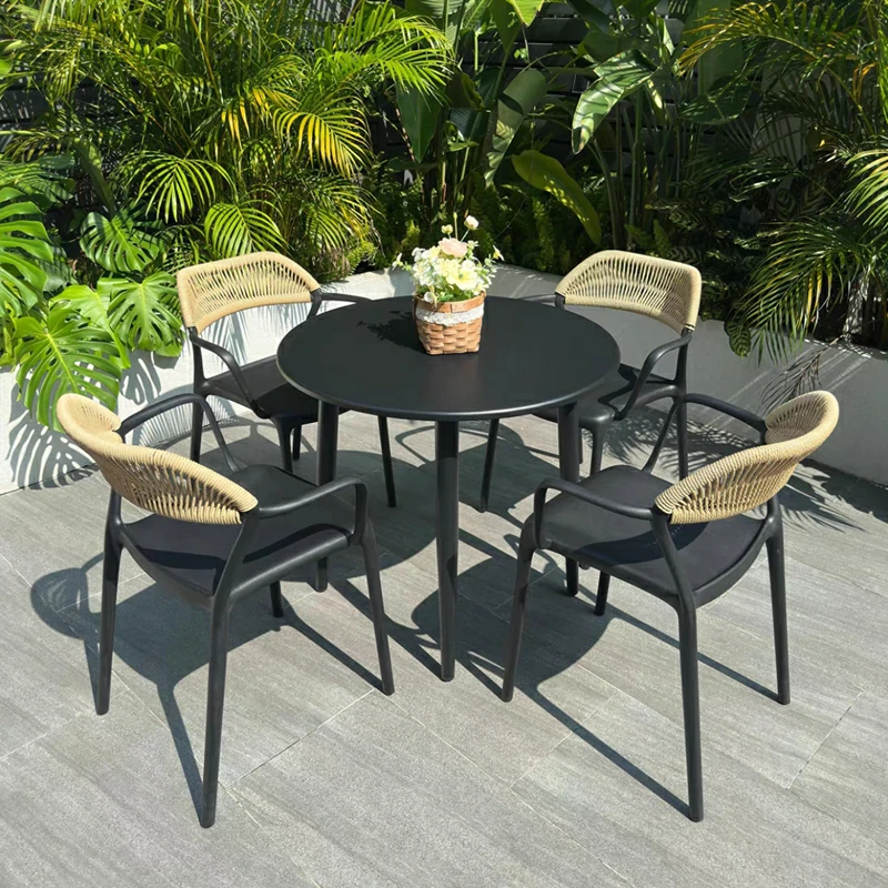 Outdoor Round Bistro Table With Black Rope Chairs