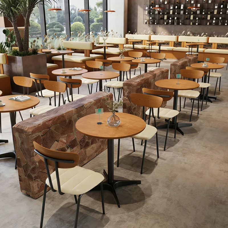 Round Wooden Restaurant Tables Metal Chairs White Cushion