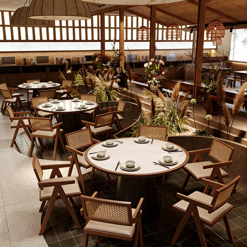 Upscale Asian Restaurant Round Tables V Leg Chairs
