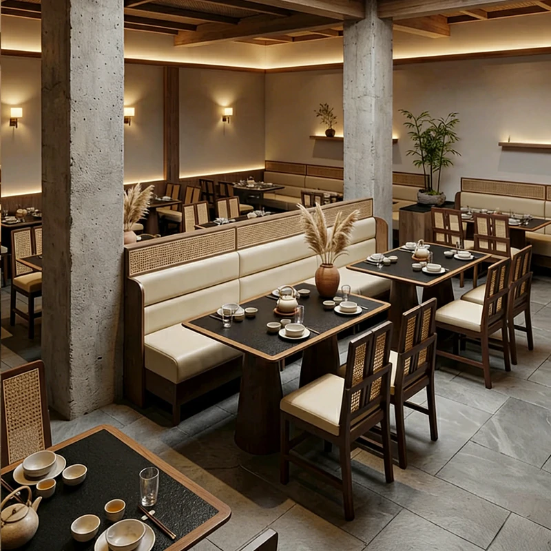 Zen Style Restaurant Rattan Back Booth And Wood Chairs